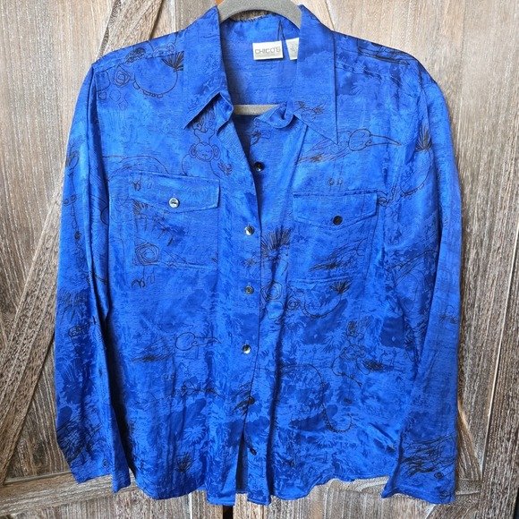 Chico's Tops - Chico's Shirt Women's Size 1 (US Medium) Blue Black Accents Monkey Elephant Silk